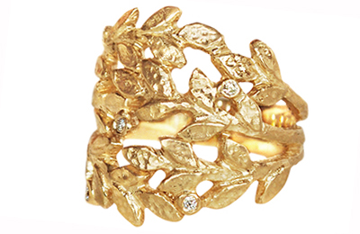 golden leaves statement ring with diamonds