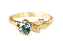 Nature inspired teal sapphire golden leaves engagement ring
