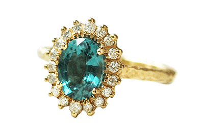 Alternative engagement ring with tourmaline and diamonds, made in Toronto