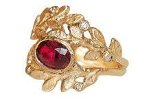 Custom gold leaf wreath ring with ruby and diamonds