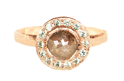 rustic diamond halo rose gold ring made in Toronto, Canada