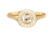 Champagne sapphire diamond halo in brushed gold ring
