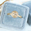 champagne sapphire halo with diamonds, brushed gold ring