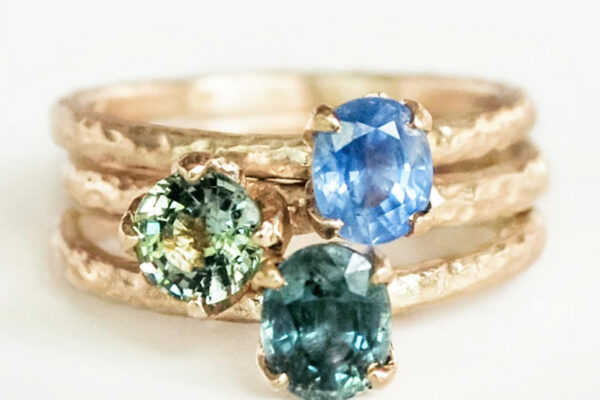 blue sapphire engagement ring, green sapphire solitaire, teal sapphire hammered gold ring