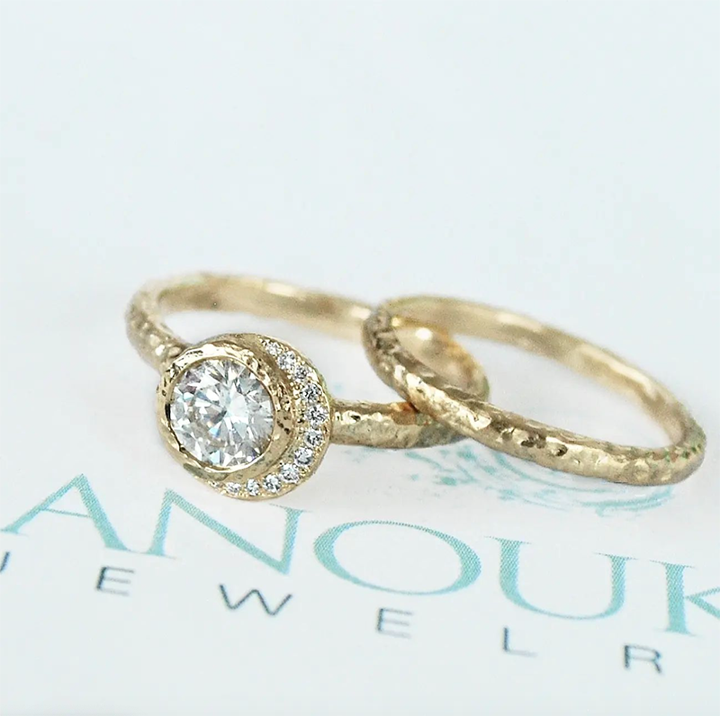 Unique hammered gold wedding band, Alternative diamond engagment ring hammered gold sun and moon ring, made in Canada
