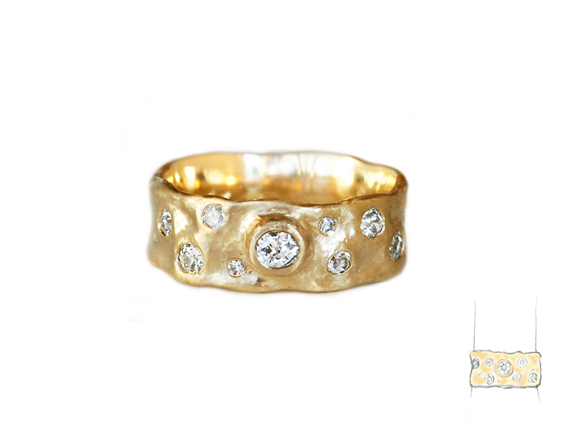 Hammered gold heirloom ring with diamonds, custom handmade in Canada