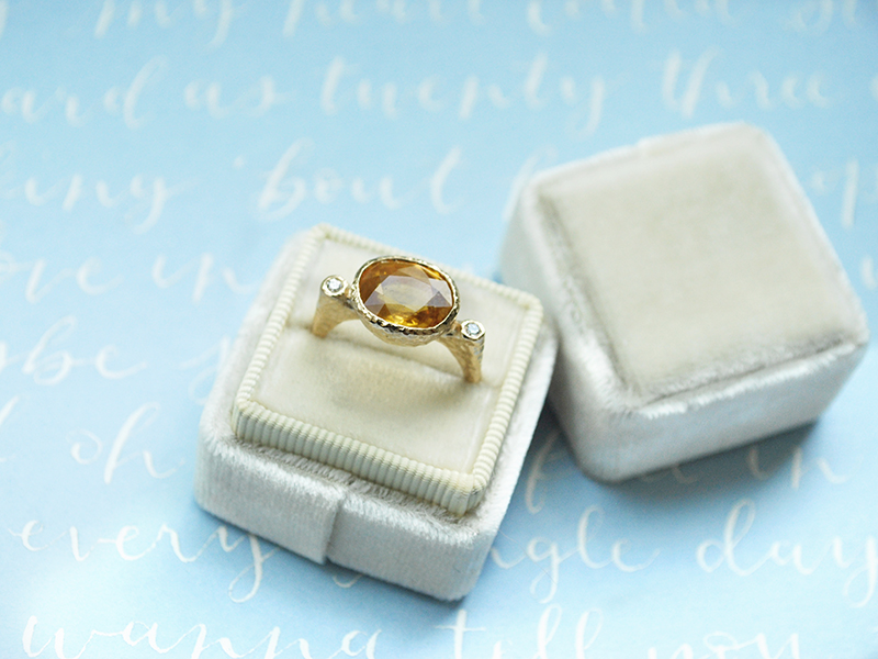 Yellow sapphire and diamonds hammered gold custom ring, handmade in Toronto, Canada