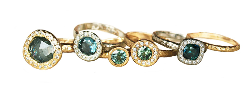 hammered gold halo rings with green sapphires and diamonds, custom handmade in Canada