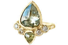 Green pear diamond hammered gold goddess ring, one of a kind diamond statement ring made in Canada