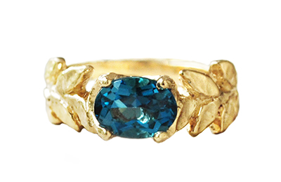 Oval London Blue Topaz hammered gold wreath ring made in Canada