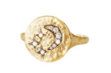 Hammered Gold, Diamond Stars and Crescent Moon Signet Ring