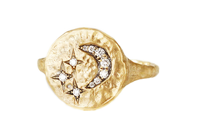 Hammered Gold, Diamond Stars and Crescent Moon Signet Ring