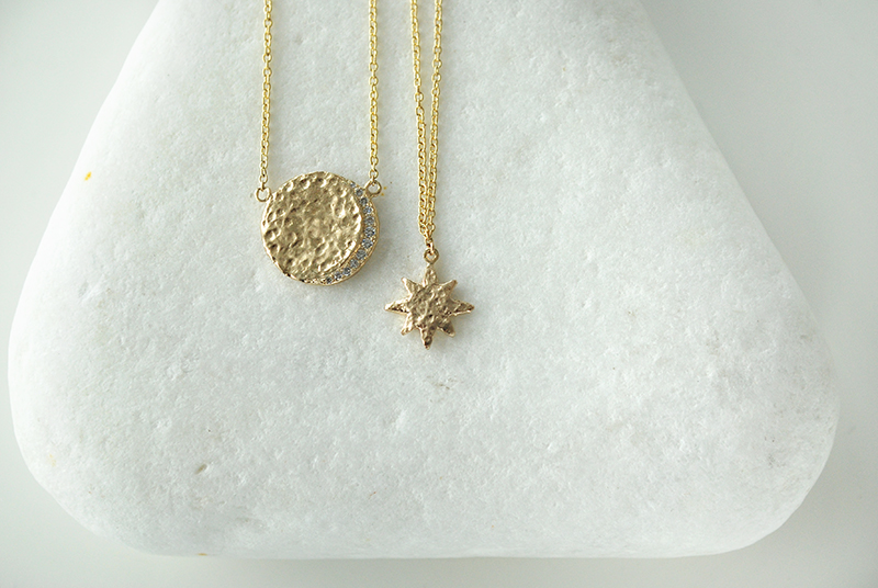 Shining Star gold necklace, Moon and Stars hammered gold necklace, made in Toronto Canada