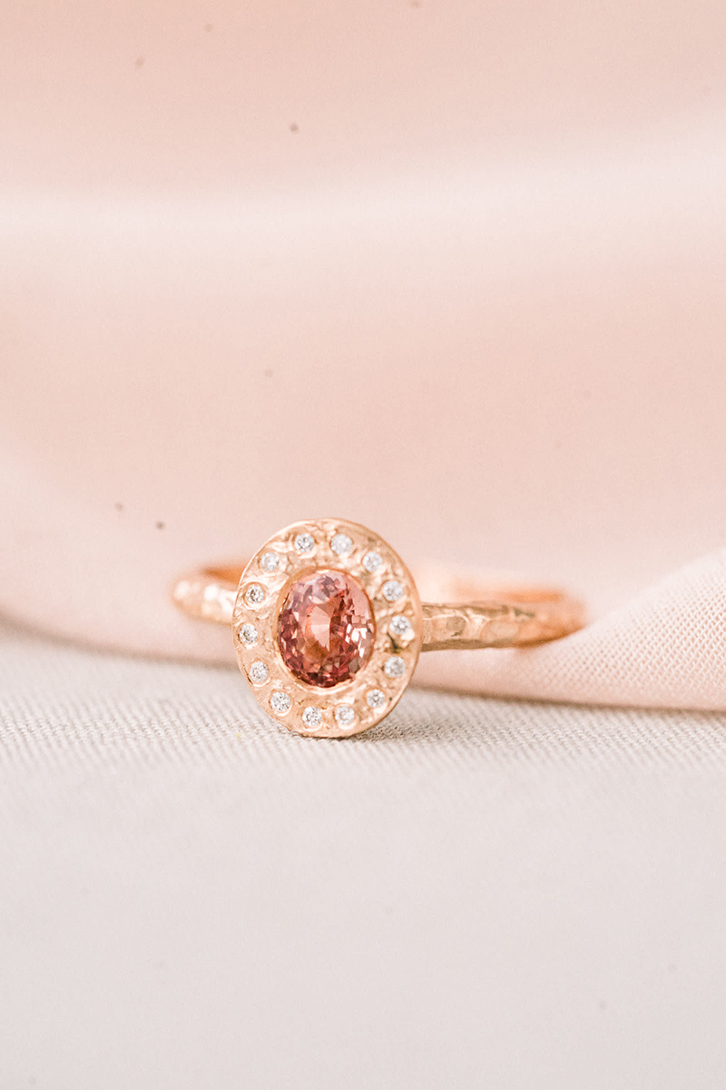Peach sapphire and rose gold ring with diamonds, hammered gold engagement ring made in Canada