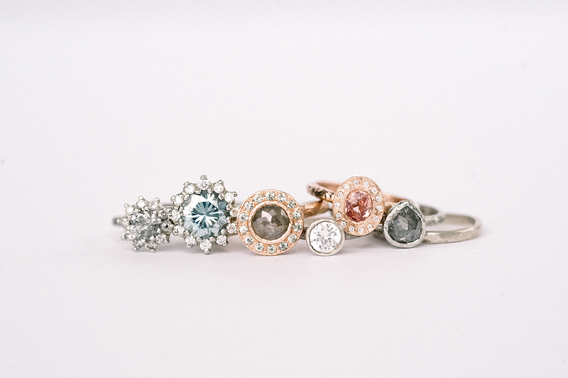 Alternative engagement rings, hammered gold and sapphires, moissanites, raw diamonds, made in Torontomade