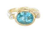 Oval aquamarine right hand ring in hammered gold, made in Canada