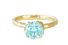 aqua moissanite ring with hammered gold, made in Canada