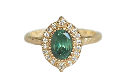 Oval Alexandrite ring with diamond halo, hammered gold ring made in Toronto Canada