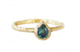 teal pear sapphire delicate ring in hammered gold, made in Canada