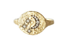 oval signet ring with diamonds in hammered gold
