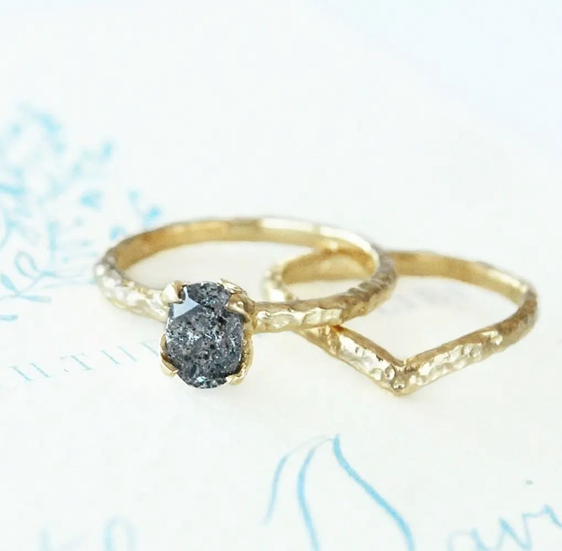 salt and pepper diamond ring with hammered gold, alternative engagement ring