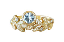hammered gold leaves ring with silver sapphire and accent diamonds, nature inspired engagement ring