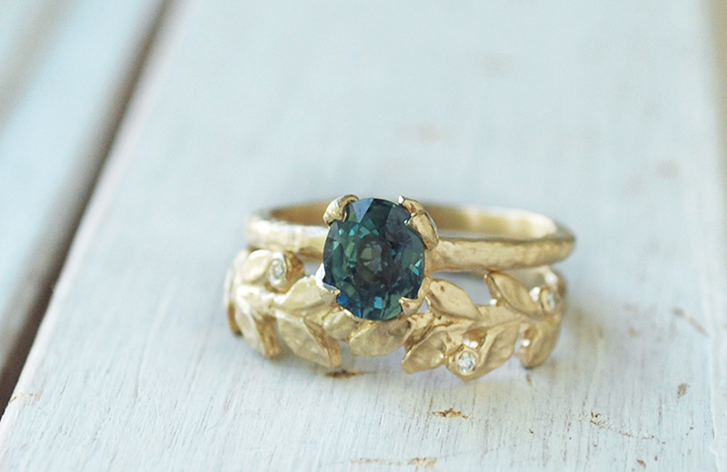 teal sapphire gold leaves hammered ring