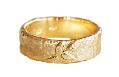 Textured hammered gold mens wedding band with gold leaf branch sculpted by hand