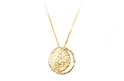 Slider necklace with a crescent moon cutout, made in Hammered gold in Canada