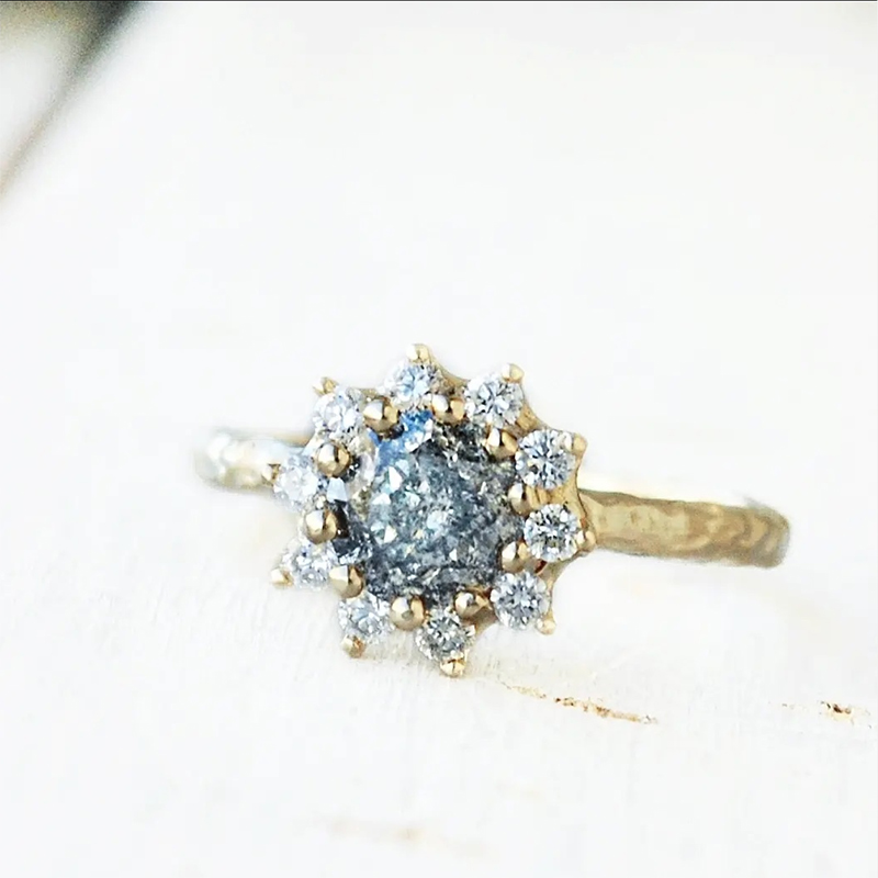 Vintage inspired ring with salt and pepper diamond and hammered gold, alternative engagement ring