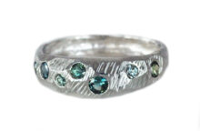 custom textured white gold ring with green sapphires, made in Toronto