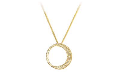 Diamond crescent moon necklace in hammered gold, sliding pendant