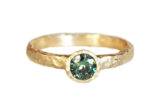 Non-traditional Engagement ring with green sapphire, hammered gold, made by hand in Canada