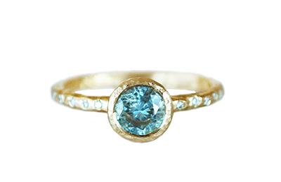Teal sapphire ring with accent diamonds, hammered gold engagement ring