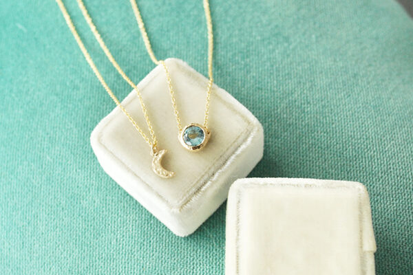 blue well aquamarine necklace, tiny moon gold necklace