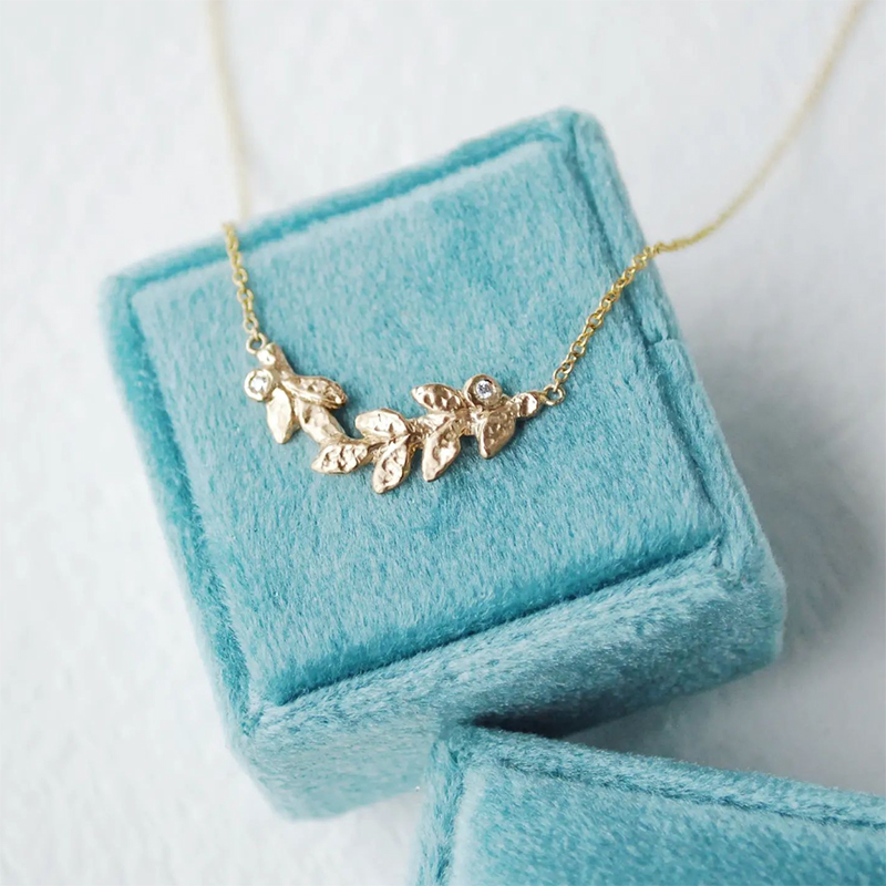 gold leaves with diamonds necklace, nature inspired pendant