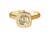 Canadian Diamond Rustic cushion halo ring, artisanal hammered gold ring