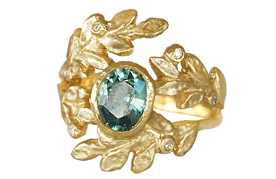 hammered gold leaf ring with blue green sapphire and accent diamonds
