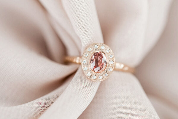 peach sapphire diamond halo ring