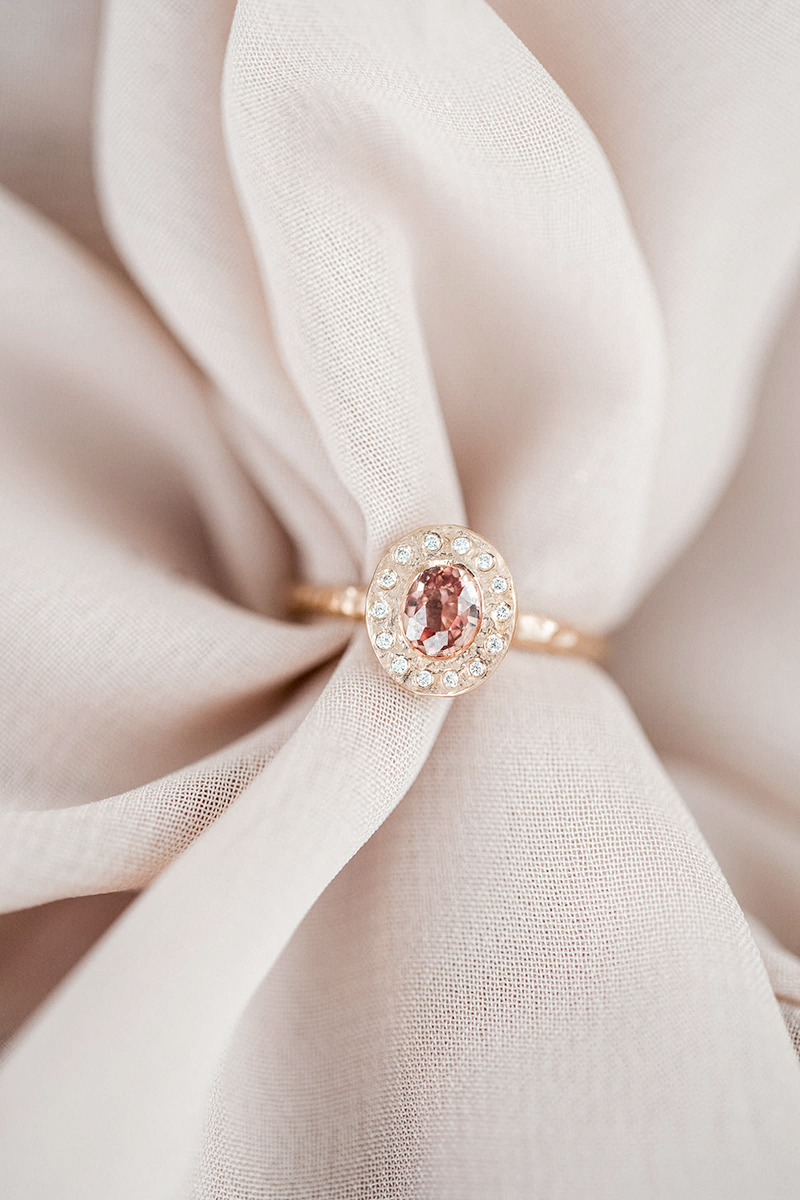 peach sapphire diamond halo ring