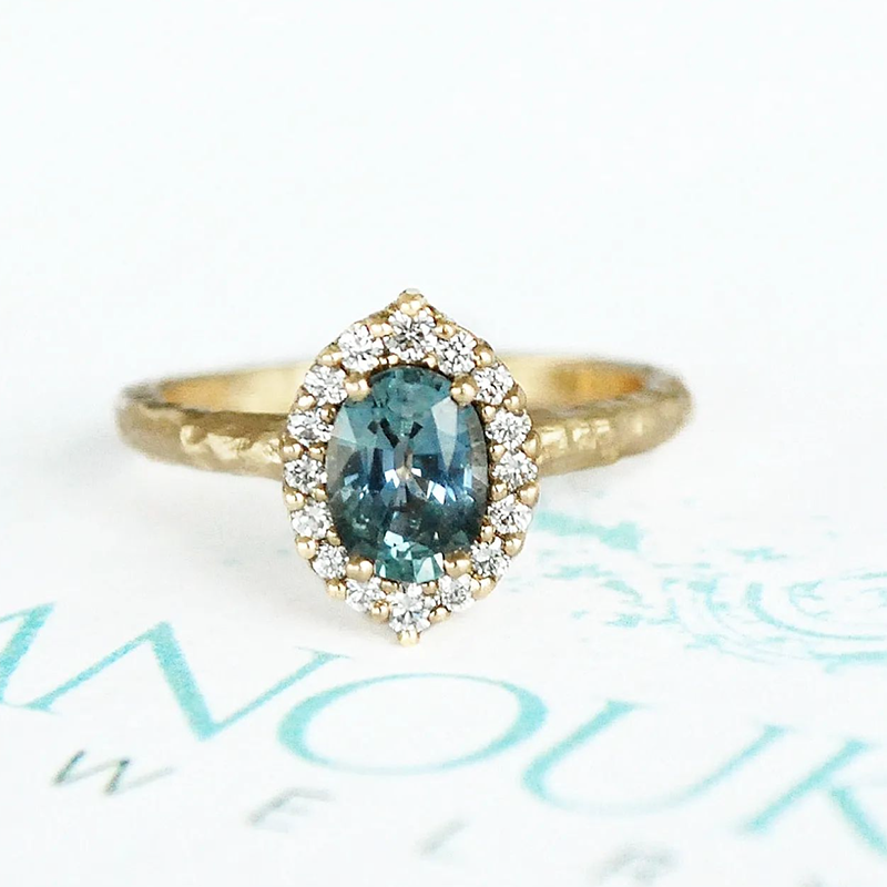 Teal Sapphire and diamond halo artisanal ring