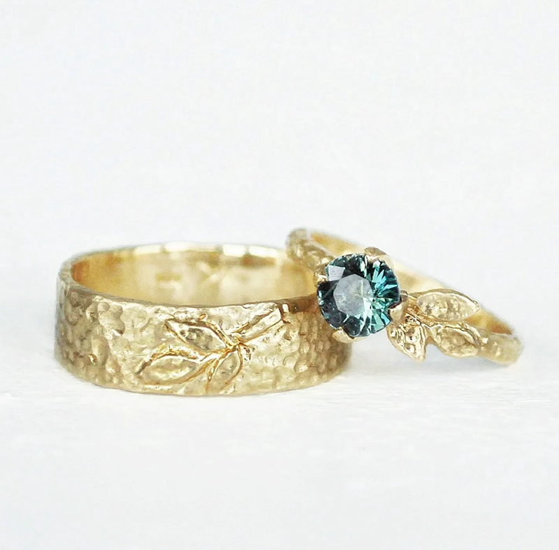 Artisanal gold wedding band and sapphire ring, inspired by nature and made in Canada