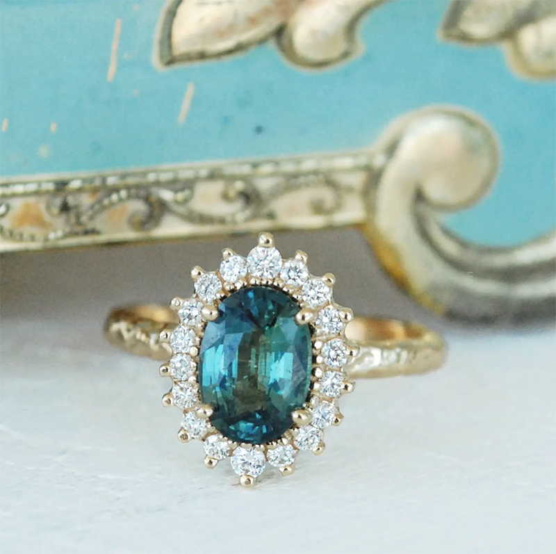 Vintage Rosetta ring with Teal Oval sapphire and diamonds ring