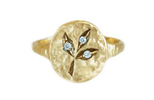 hammered gold signet ring with leaf and diamond motif