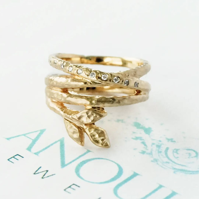 Infinity band with diamonds, golden leaf hammered gold ring