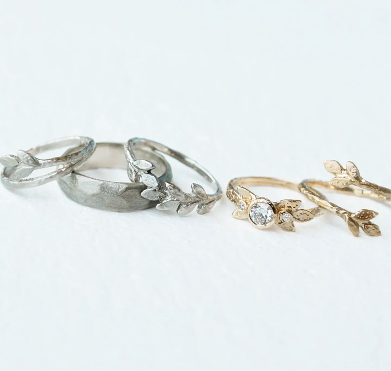 Nature-inspired rings with gold leaves,  alternative hammered gold wedding bands
