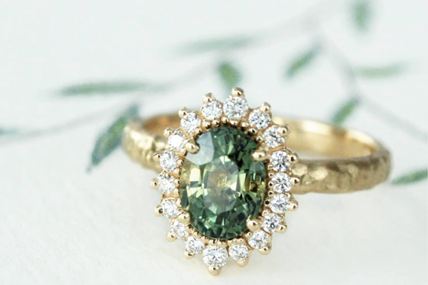 Forest Green Sapphire oval ring with diamonds, vintage rosetta hammered gold
