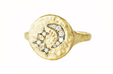Round signet ring with diamond crescent and stars in hammered gold