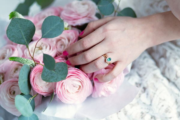 Pink ranunculus bridal inspiration with Alexandrite ring