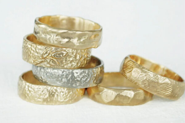 Textured gold hand crafted mens wedding bands